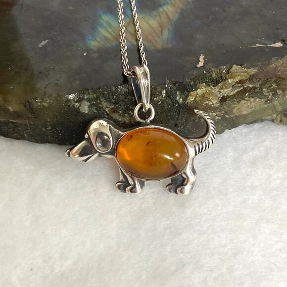 Sterling Silver 925 Puppy Dog Hound Dog Baltic Amber Pendant Necklace 18" Chain - Picture 6 of 16